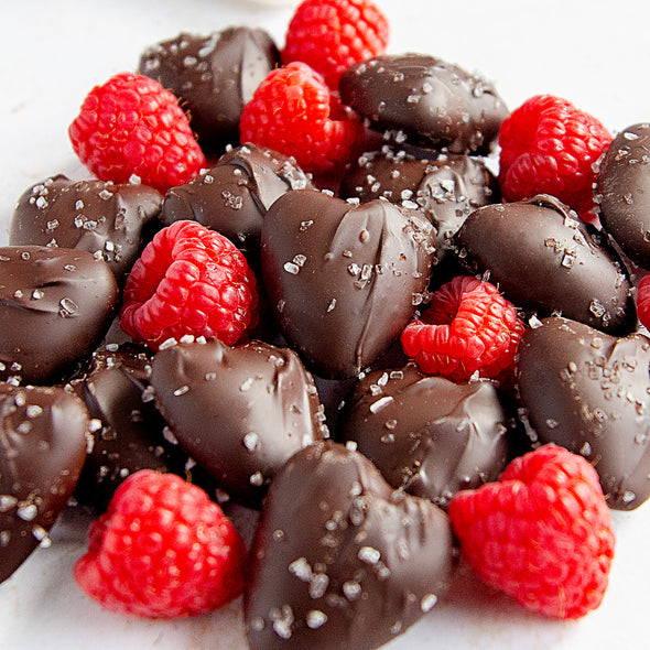 Dark Chocolate Raspberry Sea Salt Caramel Hearts 7 oz.