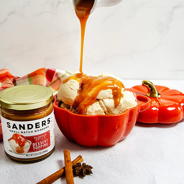 Pumpkin Spice Dessert Topping drizzling on top of ice cream