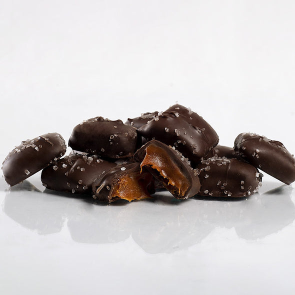 Dark Chocolate Sea Salt Caramels Mini Bites Opened Up- product carousel image