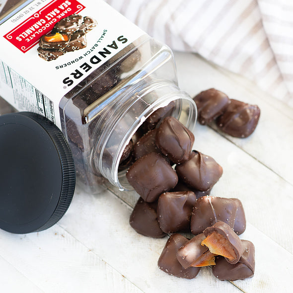 Original Dark Chocolate Sea Salt Caramels Tub package open from top