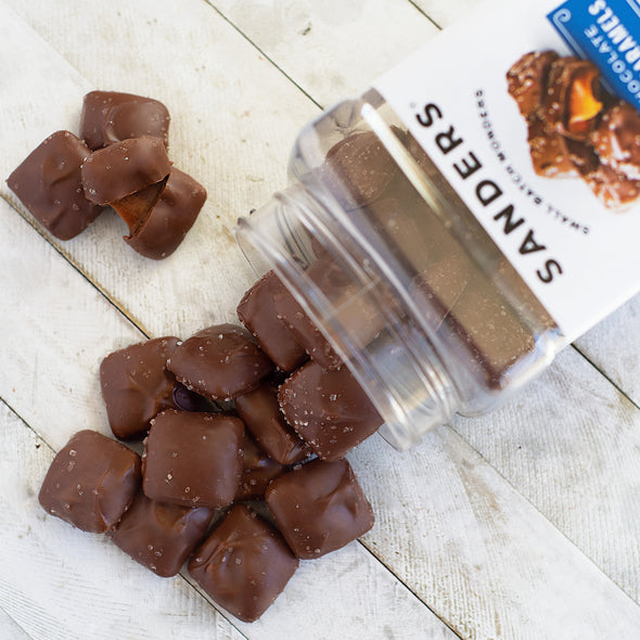 Original Milk Chocolate Sea Salt Caramels Tub package open from above