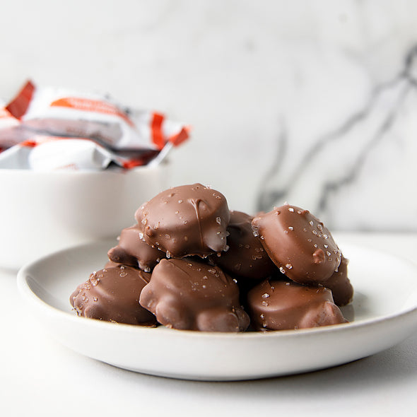Milk Chocolate Sea Salt Caramel Pecan Clusters 7 oz. Pouch – Sanders Candy