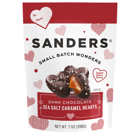 Dark Chocolate Sea Salt Caramel Hearts 7 oz. package front- product carousel image